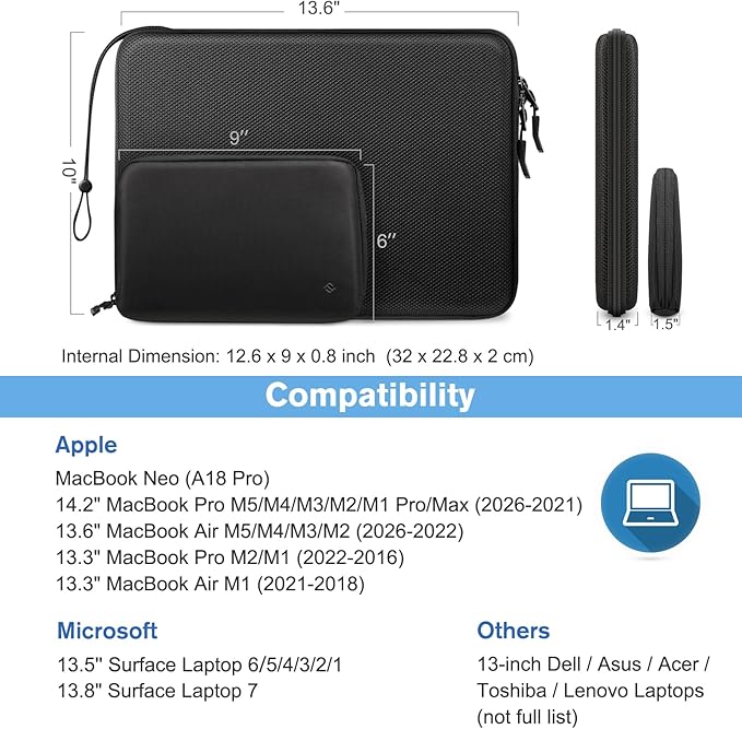 FINPAC Hard Laptop Sleeve with Accessory Pouch Compatible with 13 inch MacBook M5/M4/M3/M2 (2026-2022), MacBook Neo (A18 Pro), 14 inch MacBook Pro M5/M4/M3/M2, Surface Laptop Waterproof Case, Black