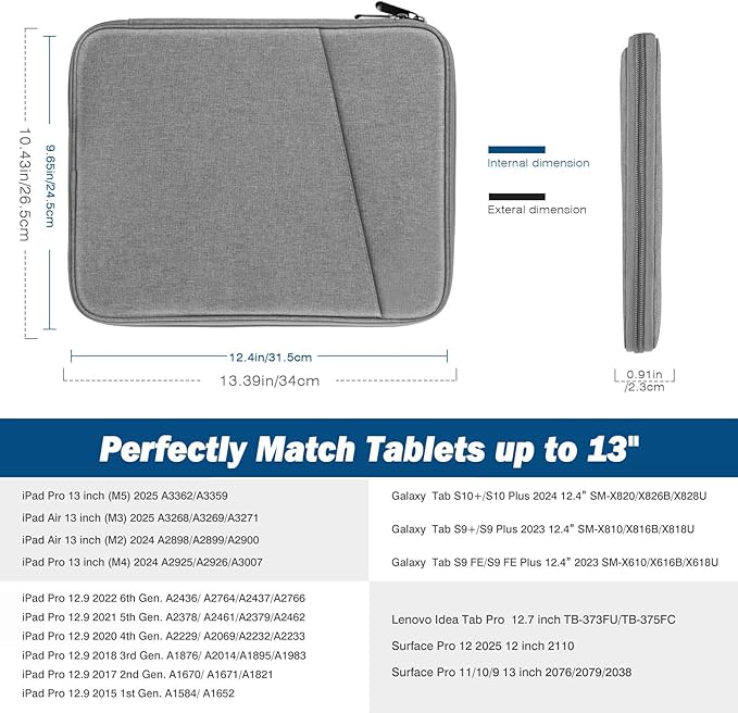 MoKo 13 Inch Tablet Sleeve Bag, Compatible with New 13 Inch iPad Pro M5 & Air M4/M3, iPad Pro 12.9 inch M2&M1, Galaxy Tab S8+/S9+ 12.4", Waterproof Bag Carrying Case with Pocket, Light Gray