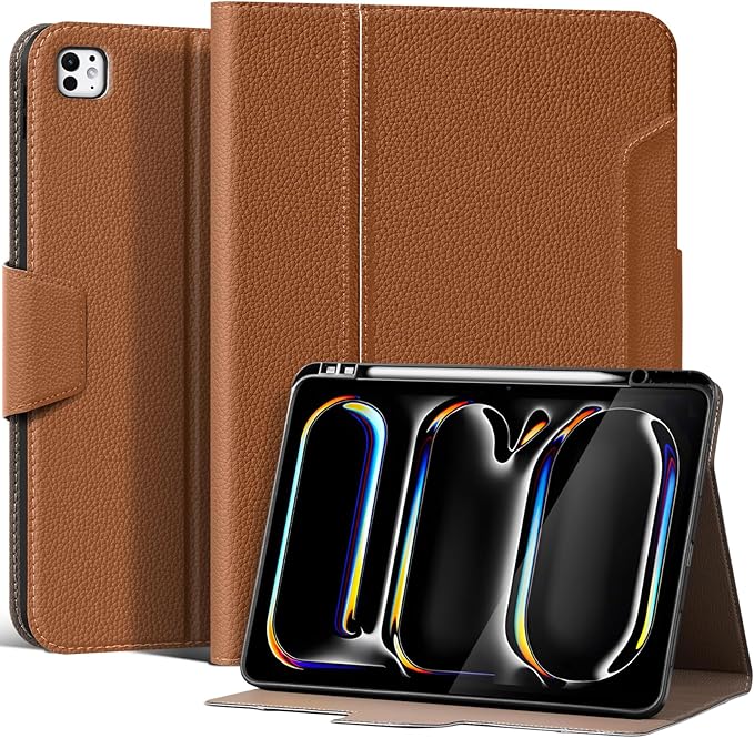for iPad Pro 13 inch Case (M4) 2024 Release, Premium Leather Folio Cover with Auto Wake/Sleep, Apple Pencil Holder, Multi-Angle Stand & Secure Buckle Closure - Brown