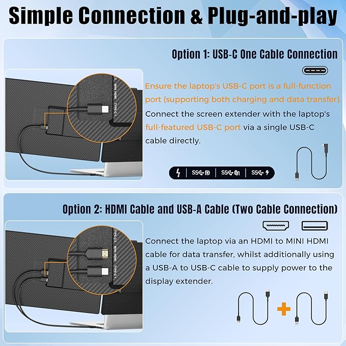 14" Laptop Screen Extender, Portable Monitor for Laptops 13-17.3", 1080P FHD IPS Dual Screen Monitor for Laptop with USB-C/HDMI, Screen Extender Portable Laptops with Plug&Play for Mac/Android/Chrome