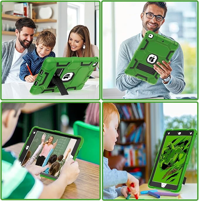 CCMAO iPad 6th Generation Cases, iPad 5th Generation Case, iPad 9.7 Case, iPad Air 2 Case, Hybrid Shockproof Rugged Drop Protection Case Built with Kickstand, Green+Black