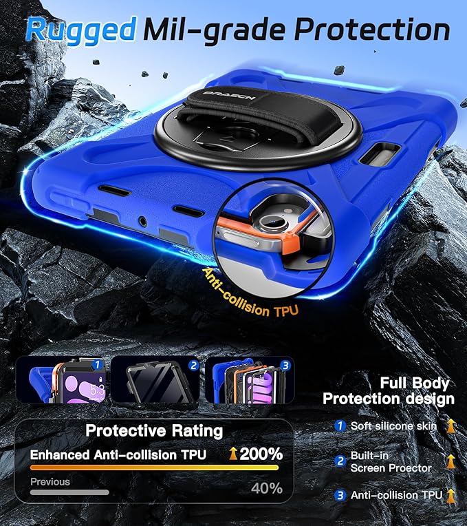 BRAECNstock Case for Apple iPad mini 7 (A17 Pro) 2024/ Mini 6 8.3" with Screen Protector, Pencil Holder, [360 Rotating Hand Strap] &Stand, Shockproof Protective iPad mini 7th/6th Gen Kids Case, Blue