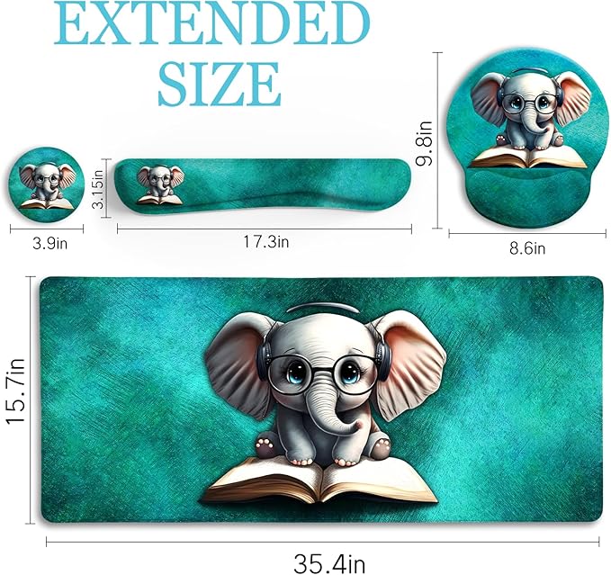 LIMKRIAN Desk Mat Pad, Large Gaming Mouse Pad with Wrist Rest Wrist Support, Ergonomic Mouse Pad Keyboard Mat Wrist Rest, Cup Coaster, Home Office Desk Accessories Decor Supplies, Cute Elephant