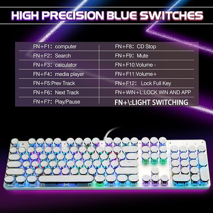 YSCP Typewriter Style Mechanical Gaming Keyboard RGB Backlit Wired with Blue Switch Retro Round Keycap 104 Keys Keyboard (R-White)