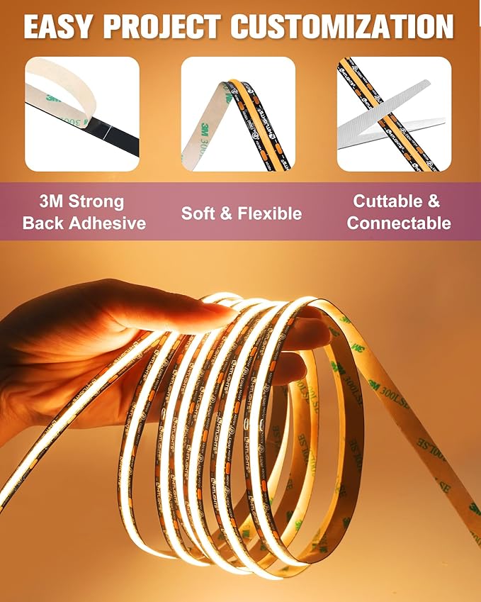 HitLights COB LED Strip Lights Warm White 2700K, 16.4ft Premium 12V Tape Light High Density, 2400 LEDs, 305+ LM/FT, CRI 90+, IP30, Lighting for Kitchen, Cabinets, UL Listed (Power Source Not Included)