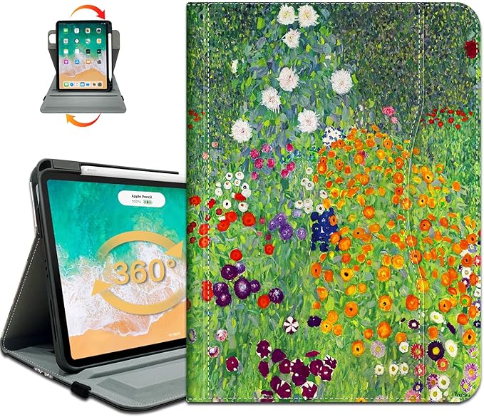 Rotating Case for iPad Air 11 Inch M4/M3/M2 2026, for iPad Air 5th/4th Gen Cases,for iPad Pro 11 Inch Case 4th/3rd/2nd/1st Generation Pencil Holder/Hand Strap/Pocket 360 Degree Rotating, Flower Garden