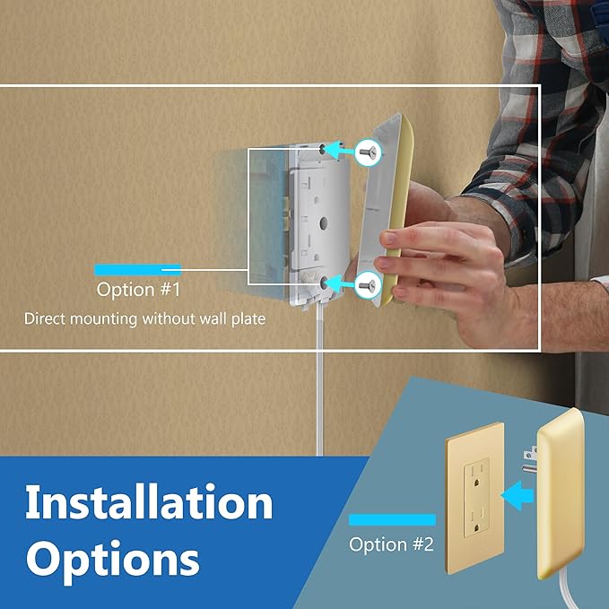 LIDER Outlet Extender with 3 Receptacles, 12W USB Type-A, and USB Type-C, Ultra-Thin Wall Plate Plug with Cord Extender, 3-Outlet Power Strip, Flat-Face, Slim Design, ETL-Listed, 3ft Cord, Gold