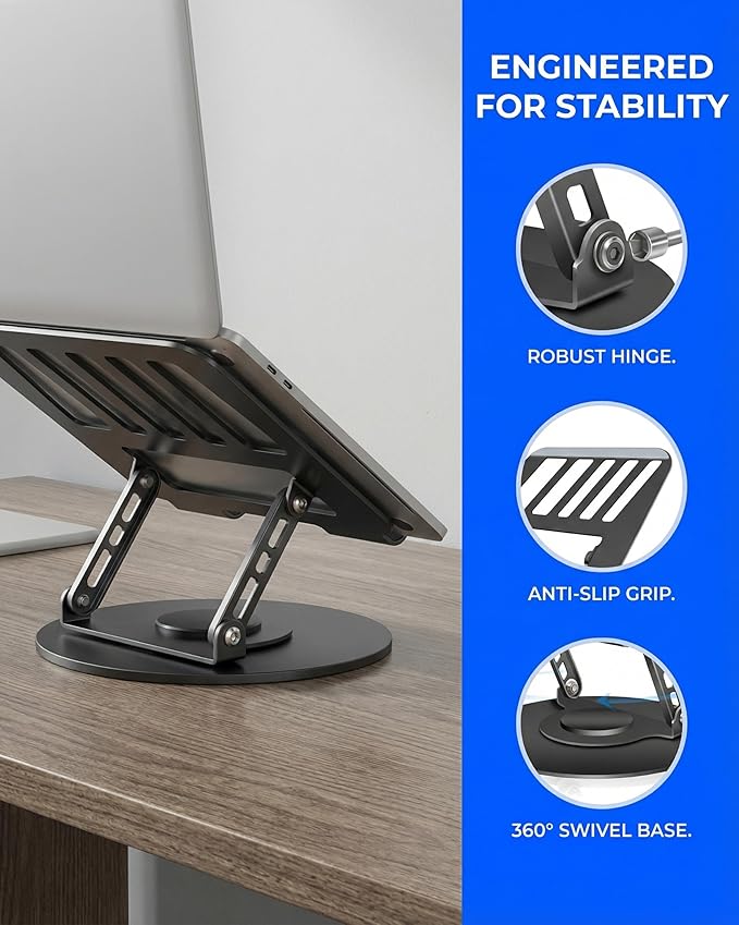 Compatible 360° Rotating Adjustable Laptop Stand, Fully Foldable Dual Rotary Shaft Laptop Riser Portable Standing Desk, Fits MacBook & All 10-15 Inch Laptops - Black