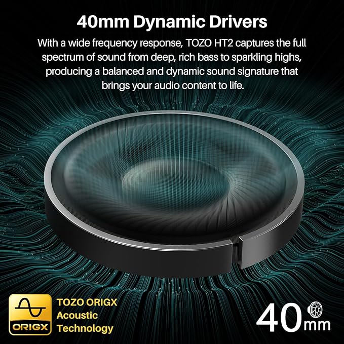 TOZO Hybrid Active Noise Cancelling Headphones, Wireless Over Ear Bluetooth Headset, 60H Playtime, Hi-Res Audio Custom EQ via App Deep Bass Comfort Fit Ear Cups, for Home Office Travel