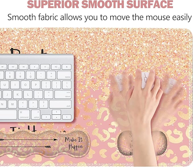 Extended Gaming Mouse Pad, Keyboard Wrist Rest Pad, Wrist Support Mousepad Set, Artso Large Rubber Base Stitched Edges Desk Pad (35 x15.5 in) for Work, Game, Office, Home, Pink Orange Stay Positive
