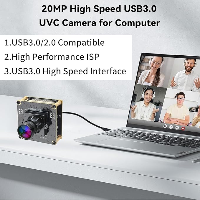 20MP USB Camera 4K 30fps USB3.0 Type-C Webcam,3840P High Resolution Camera with 95° Wide Angle No Distortion Lens, Plug & Play for Windows Linux Mac PC Jetson Nano Industrial Machine Vision