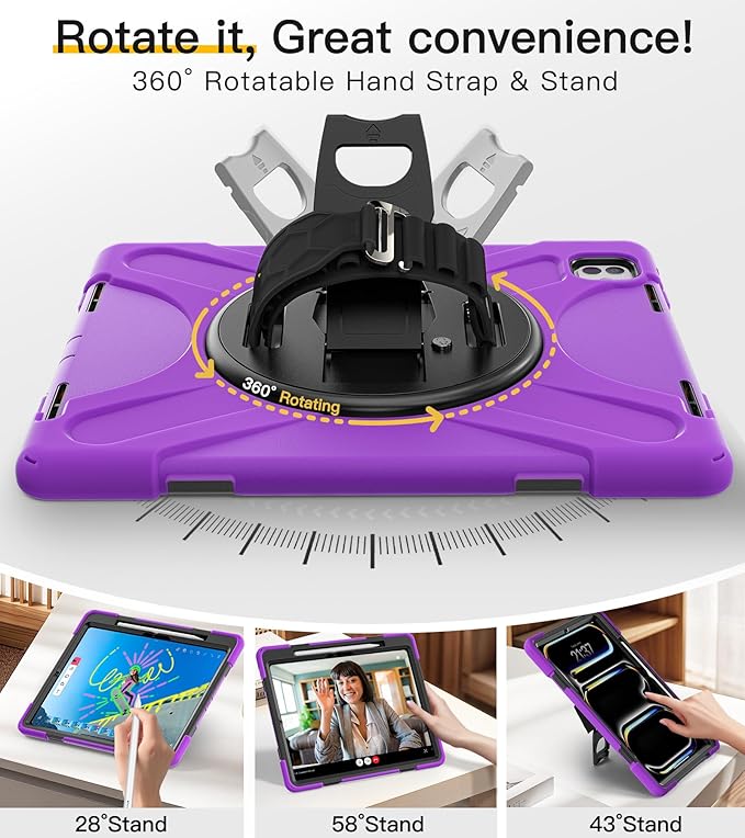 BRAECN for iPad Pro 13 inch Case M5 2025 & M4 2024 Heavy Duty Shockproof Protective with Pencil Holder Screen Protector 360°Rotating Stand Handle & Shoulder Strap Full Body Cover Kids Friendly