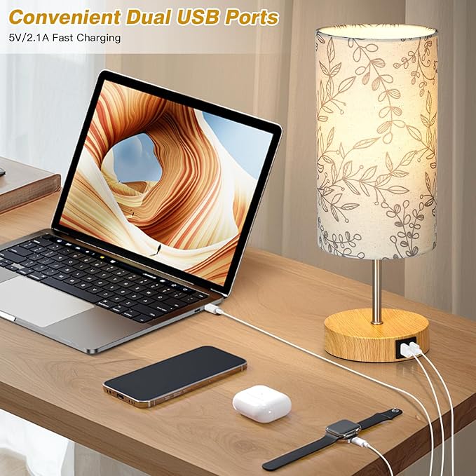 CINSARY Bedside Touch Lamps for Nightstand with 2 USB Charging Ports, 3 Way Dimmable Wood Bedroom Lamp with Flower Fabric Shade, Small Table Lamp for Living Room Reading Desk (LED Bulb Included)