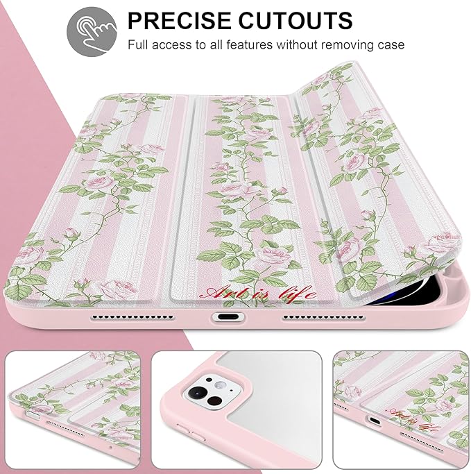 TWOLSKOO Case for iPad Pro 11-inch (M5 2025 / M4 2024), Clear Acrylic Back with TPU Bumper, Pencil Holder, Trifold Stand, Auto Sleep/Wake, Rose Vine