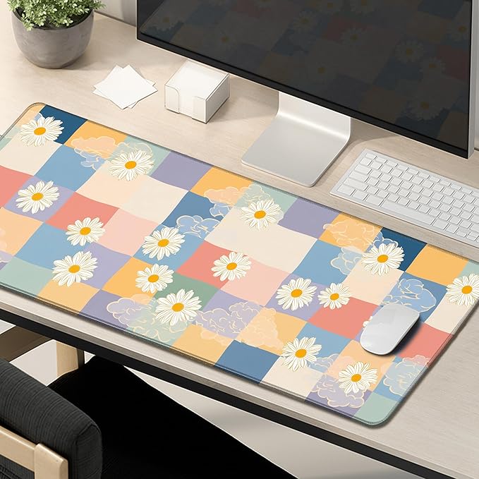 Wildflower Desk Pad Hand Drawn Gaming Floral Mouse Pad Large Mouse Pad for Desk Computer Pc Laptop Office Decor for Women, Anime Mouse Keyboard Pad Stitched Edges (31.5x11.8 in)