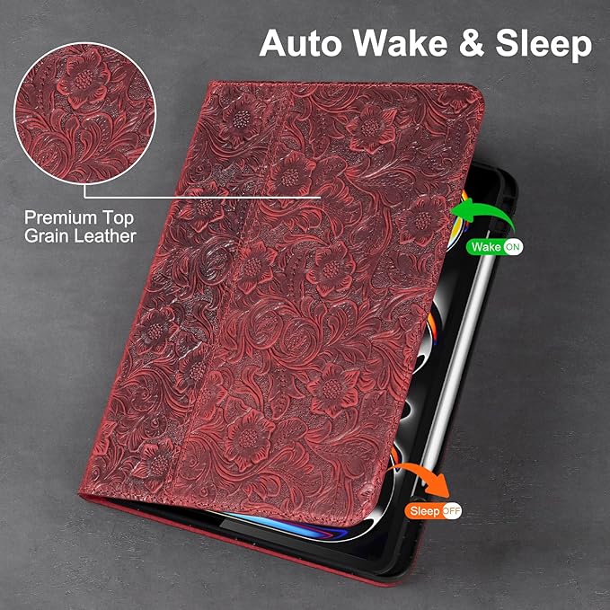 Gexmil Genuine Leather Case for iPad Pro 13 Inch (M5/M4) 2025/2024 with Pencil Holder,Protective Shockproof Smart Leather Folio Cover Adjustable Stand Auto Sleep/Wake,Floral Red