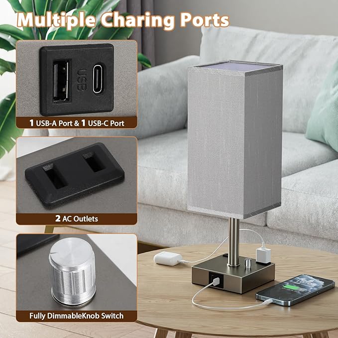 aooshine Grey Fully Dimmable Nightstand Lamps Set of 2 - Table Bedside Lamp with USB C+A Charging Ports & 2 AC Outlets, Square Lamp Sets Linen Fabric Shade for Bedroom Living Room(Bulb Included)