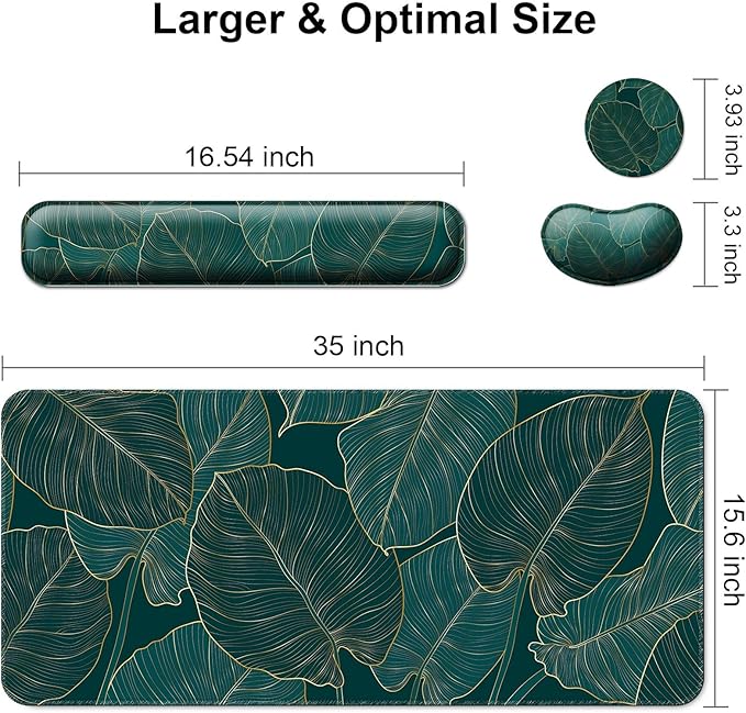 Keyboard Wrist Rest + Mouse Pad with Wrist Support + Desk Mat + Coaster 4 in 1 Set, XXL Large Gaming Mousepad Cute Ergonomic Mouse Pads for Desk Computer Laptop Office Decor-Green Leaves