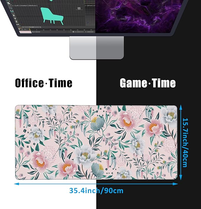 Floral Desk Mat,Large Gaming Mouse Pad,Non-Slip Rubber Base Desk Pad with Stitched Edges for Desk Office Home Decor 35.4X15.7 Inch