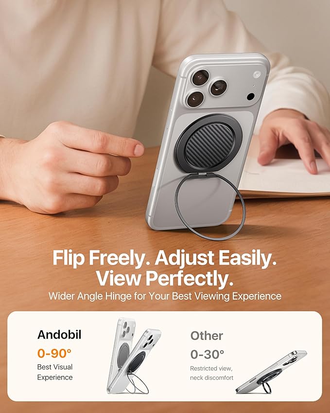 andobil [2026 Ultra-Thin] Magnetic Phone Grip for MagSafe [360° Rotate] Magnetic Cell Phone Ring Holder & Kickstand for MagSafe Accessories & iPhone 17 Air 16 Pro Max Plus 15 14 13 12, Carbon Fiber
