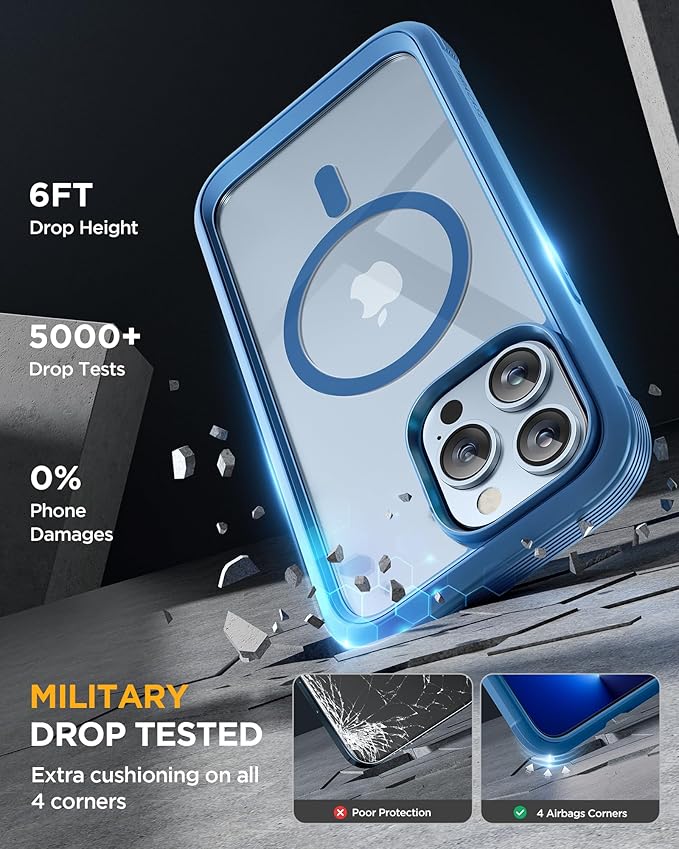 Miracase Magnetic for iPhone 13 Pro Max Case 6.7 inch, (Compatible with MagSafe) Upgrade Full-Body Clear Phone Bumper Case with Built-in 9H Tempered Glass Screen Protector, Magnetic Capri Blue