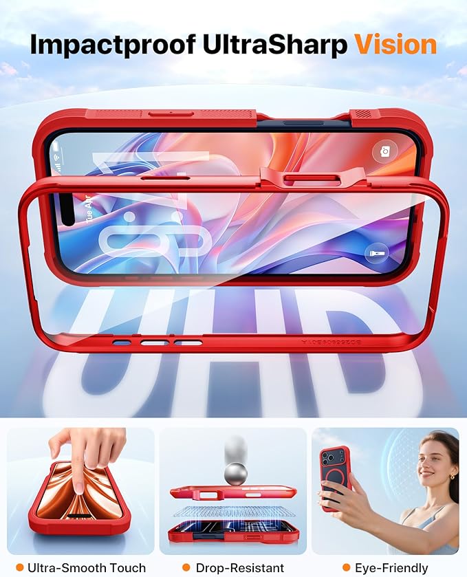 Diaclara Magnetic Designed for iPhone 17 Pro Max Case Full Body Bumper,[Compatible with MagSafe] Military Drop Proof Cover with Built-in Touch Sensitive Anti-Scratch Screen Protector,Red