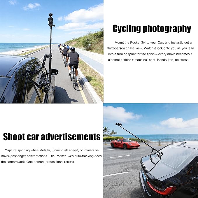 PellKing 5-Suction Cup Car Mount for DJI Osmo Pocket 4 3,Low-Altitude Aerial Shots Vibration-Dampening Car Shooting Rig Compatible with GoPro 13 12 11 10,GoPro MAX 2,DJI OSMO Action Cameras