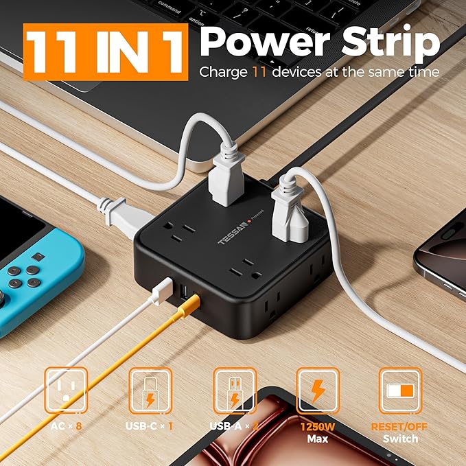 TESSAN Surge Protector Power Strip, 5 Ft Flat Plug Extension Cord with 3 USB (1 USB C) 8 Outlets, 1250W, 900J Protection, 3 Sided Outlet Extender with Power Switch for Office, Dorm Room, Black