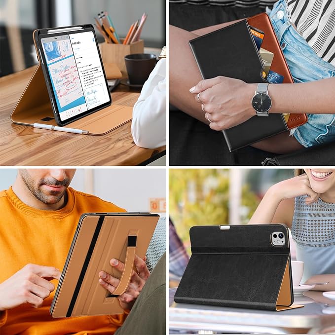 DTTO for iPad Pro 13 inch Case (M5/M4) 2025/2024, Premium Leather Business Folio Stand Cover with Pencil Holder - Auto Wake/Sleep & Multiple Viewing Angles, Built in Hand Strap & Pocket, Black Brown