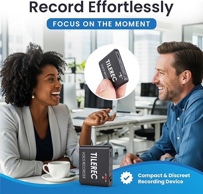 TileRec Voice-Activated Audio Recorder – 64GB Digital Dictaphone with Playback, USB-C, Metal Case – Portable Recorder for Meetings & Lectures