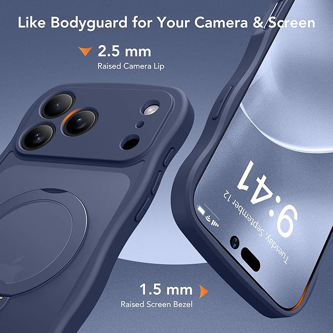 GolbinBox for iPhone 17 Pro Case for Women,[Compatible with Magsafe][360° Spin Magnetic Stand][Cute Wave Edge][Military-Grade Protection] Translucent Matte Phone Case for iPhone 17 Pro, Deep Blue