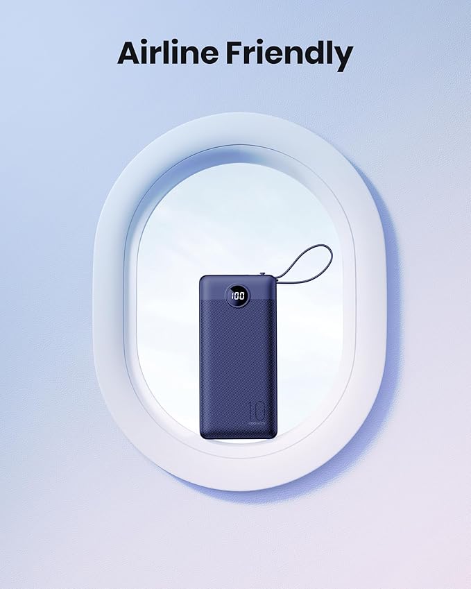 Portable Power Bank, Compact 10000mAh Portable Charger with 4 Cables, USB C Battery Pack 5 Outputs 2 Inputs LED Display Compatible with iPhone/Android & More (Navy Blue)