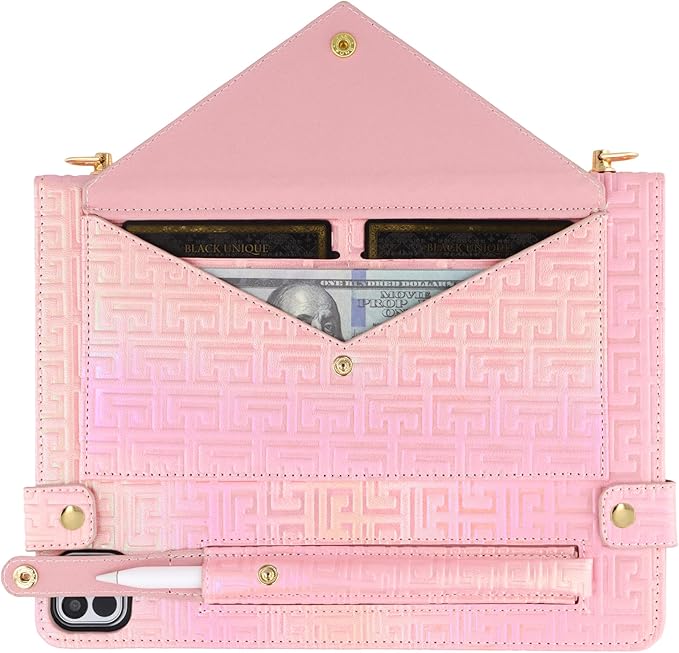 Shiny Case for iPad Pro 12.9" 6th/5th/4th Gen & iPad Air 13-inch Handbag w/Hand Strap, Techcircle Crossbody Iridescent Folio Stand Wallet Case w/Pencil Holder+Shoulder Strap, Shiny Pink