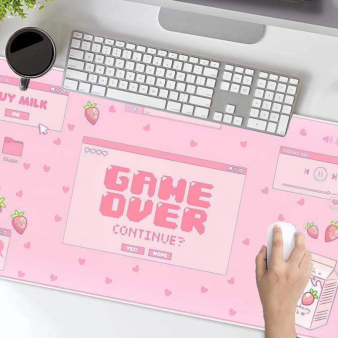 Pink Kawaii Anime Gaming Mouse Pad XXL, Strawberry Milk Mousepad Large, Aesthetic Laptop Keyboard Mats, Full Desk Mouse Mat for Women Girl 31.5X15.7 in