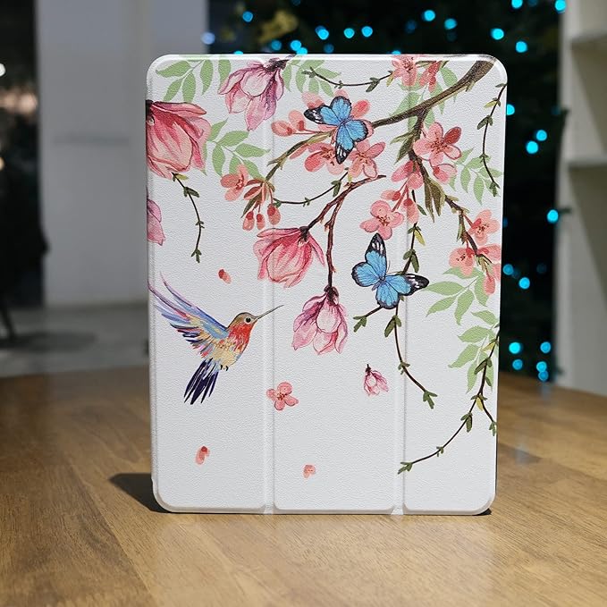MEEgoodo for iPad Pro M2 12.9 Case 6th/5th/4th/3rd Generation 2022 2021 2020 2018 with Pencil Holder, Tablet Cover with Soft TPU Back Shell, Birds & Flowers