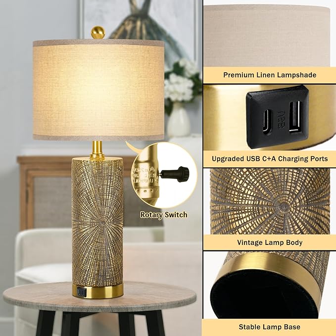 27" Gold Vintage Table Lamps Set of 2 with USB A+C Fast Charging Ports, Modern Farmhouse Bedside Nightstand Lamps for Bedroom with Beige Linen Shade, Rustic End Table Lamps for Living Room Office