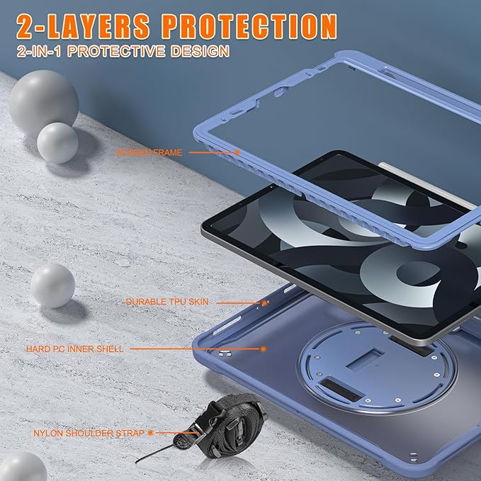 Batianda Case for iPad Pro 11-inch 2022 4th M2 Chip /2021 (3rd Generation) Heavy Duty Rugged Shockproof Tablet Cover with 360° Rotating Hand Strap Foldable Hidden Stand & Shoulder Strap, Lavender