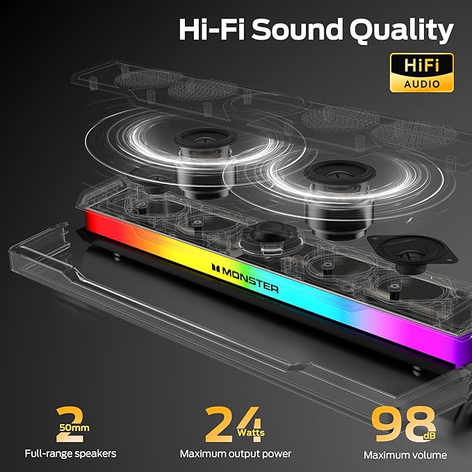 Monster S330 Computer Speakers, HiFi Stereo Sound PC Speakers, Bluetooth 6.0 Computer Sound Bar with Dynamic RGB Light, USB/Type-C Plug & Play, Gaming Speakers for Computer Desktop, PC, Laptop, Tablet