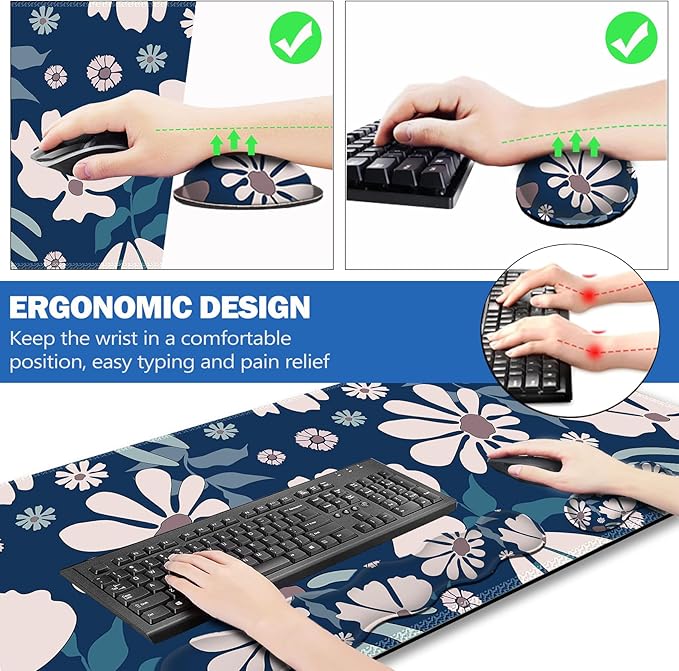 ARTSO Keyboard Mouse Pad Set, Blue Flower Large Gaming Mousepad +Keyboard Wrist Rest +Mouse Wrist Rest +Coaster, Ergonomic Mousepad Memory Foam Cushion for Home Office