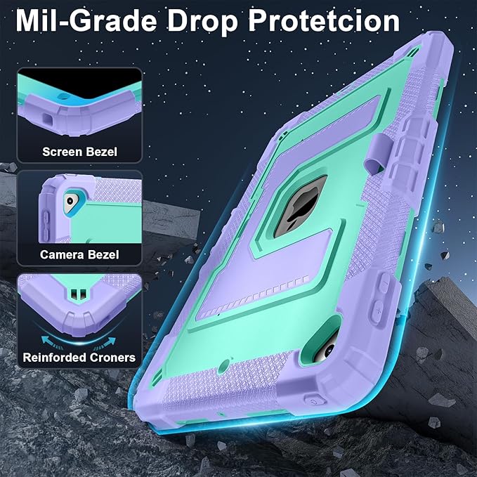 Kids Friendly Case for Apple iPad 10.2" 9th 8th 7th Generation 2021/2020/2019 Case with Pencil Holder & Shoulder Strap, Military Grade Shockproof Kickstand Hard Shell Protective Cover,Purple+Mint