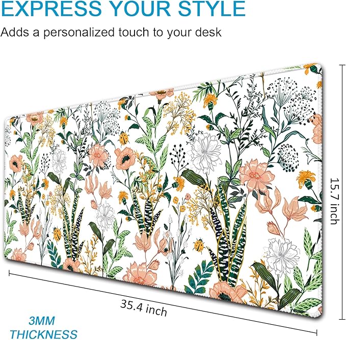 XXL Waterproof Office Desk Pad Protector 35.4x15.7 Inch - Extended Gaming Mouse Pad with Non-Slip Rubber Base, Thickened Keyboard Mat, Stitched Edges & Beautiful Floral Flowers Design