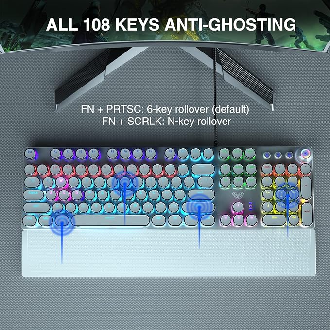 AULA F2088 Typewriter Mechanical Keyboard, White Retro Wired Gaming Keyboard with Blue Switches, Rainbow Backlit, Round Keycaps, Media Knob & Removable Wrist Rest