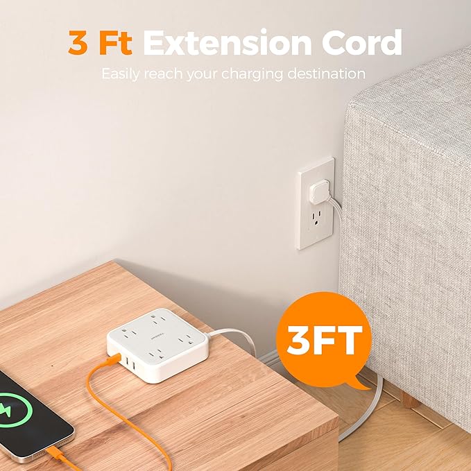 TESSAN Surge Protector Flat Extension Cord 3Ft, Ring Plug Power Strip with 4 Outlets 3 USB Ports (1 USB C), 900 Joules Protection, Multiple Wall Outlet Extender Suitable for Home Office Dorm, Grey