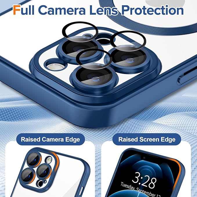 Hython Magnetic Clear for iPhone 12 Pro Max Case with Camera Lens Protector [Compatible with MagSafe] Plating Edge Slim Soft TPU Cover Protective Phone Case for iPhone 12 Pro Max, Matte Deep Blue