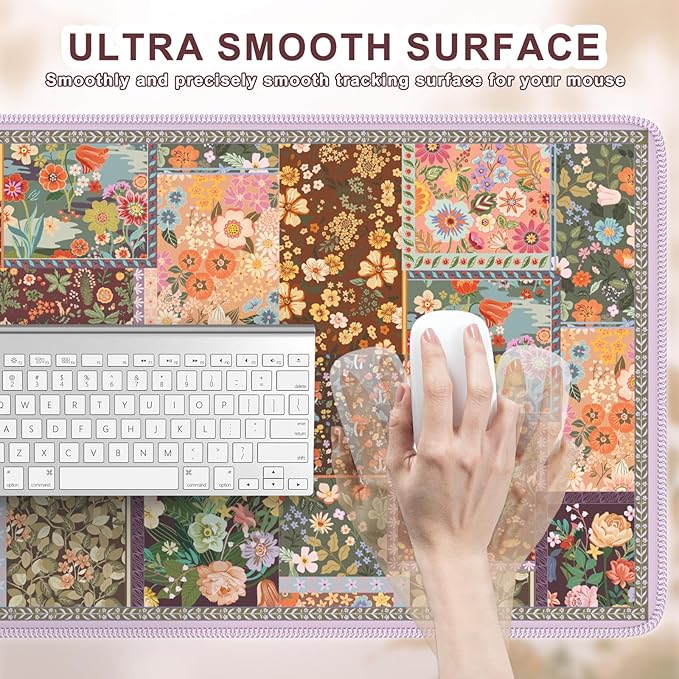 iCasso Floral Desk Pad Mat, Large Mouse Pad, Desk Matt for Desktop, Anti-Slip XXL Big Mousepad with Stitched Edges for Computer Keyboard (Brown)