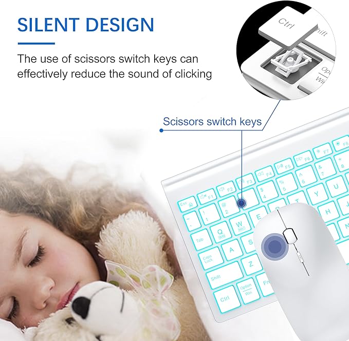TopMate Wireless Keyboard and Mouse Ultra Slim Combo, 2.4G Silent Compact USB 2400DPI Mouse and Scissor Switch Backlit Keyboard Set, for PC/Laptop/Windows/Mac/Gaming - Matte White