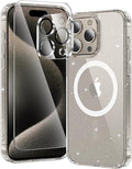 toushion 3 in 1 for iPhone 15 Pro Case Clear with MagSafe, Not Yellowing, Screen Protector*1 Camera Lens Protector*1, Military-Grade Protection for iPhone 15 Pro Phone Case 6.1 inch Clear Glitter