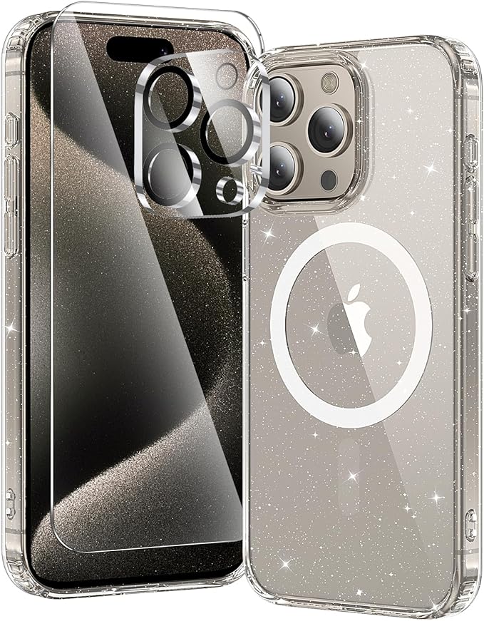 toushion 3 in 1 for iPhone 15 Pro Case Clear with MagSafe, Not Yellowing, Screen Protector*1 Camera Lens Protector*1, Military-Grade Protection for iPhone 15 Pro Phone Case 6.1 inch Clear Glitter