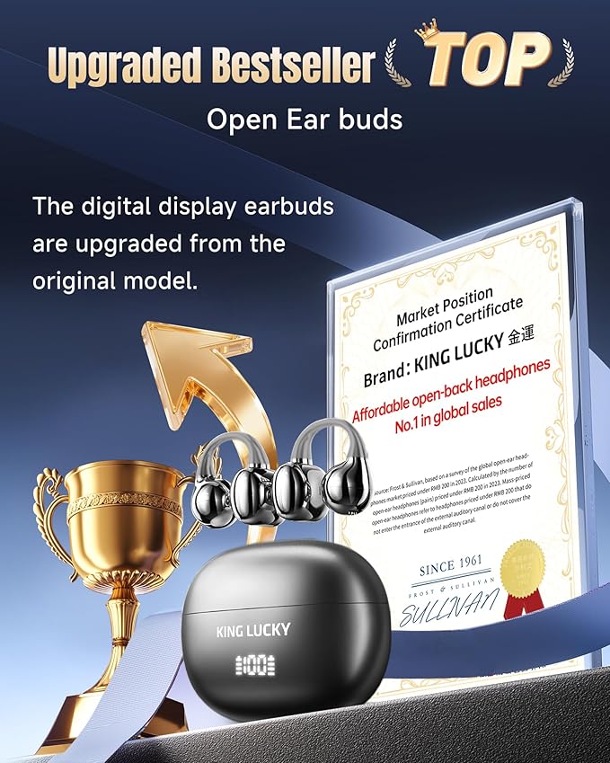 King Lucky Clip-On Earbuds Gen 3, Open-Ear Wireless Bluetooth 6.0 Headphones with Mic, Secure Fit for Small Ears & Glasses Wearers, 50H Playtime, LED Digital Display, ENC, IPX5 Waterproof(Balck)
