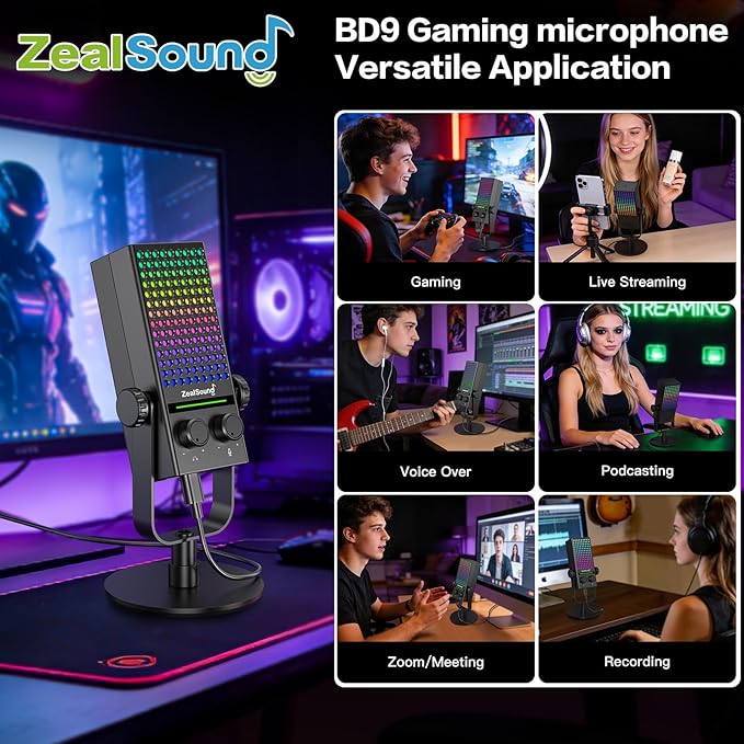 ZealSound Gaming Microphone for Xbox, PC & Mac, Noise Cancellation Streaming Mic with One Tap Mute, RGB Lighting, Monitoring, Gain Control, Condenser Mic for iPhone, Computer, Podcast, Gamer, YouTube